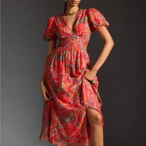 Anthropologie Vibrant Red Paisley Midi Dress